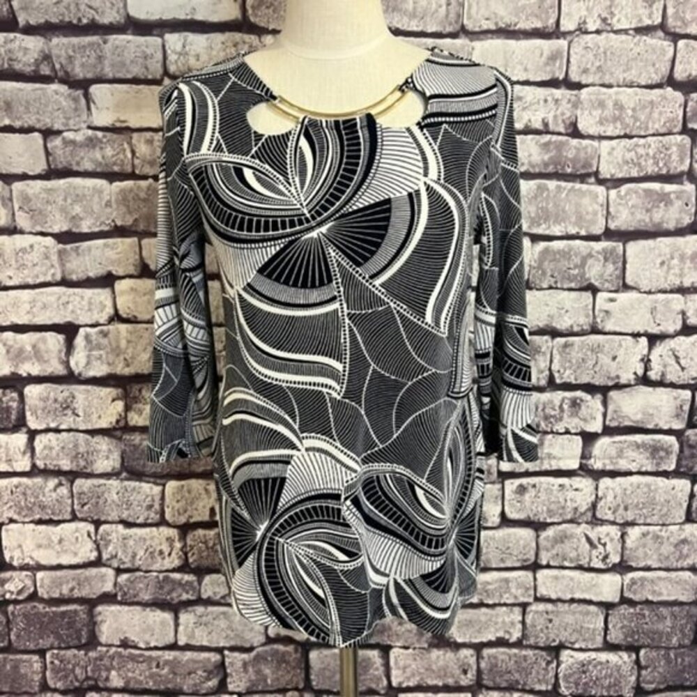 Chico's Travelers Black & White Blouse W/ Gold Metal Decor Size S